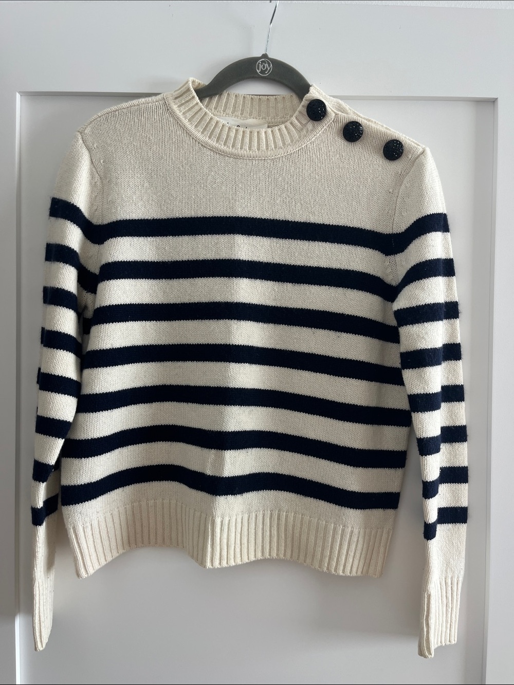 ba&sh Cream and Navy Striped Crewneck Sweater with Shoulder Buttons